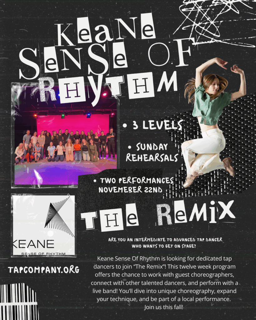 A large graphic promoting Keane Sense of Rhythm's fall show for the Youth Tap Ensemble called The Remix.