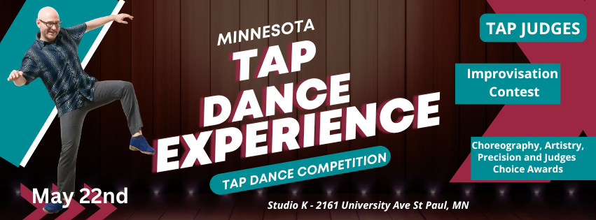 A graphic with a photo of tap dancer Mark Yonally promoting the Minnesota Tap Experience on May 22 at Keane Sense of Rhythm.